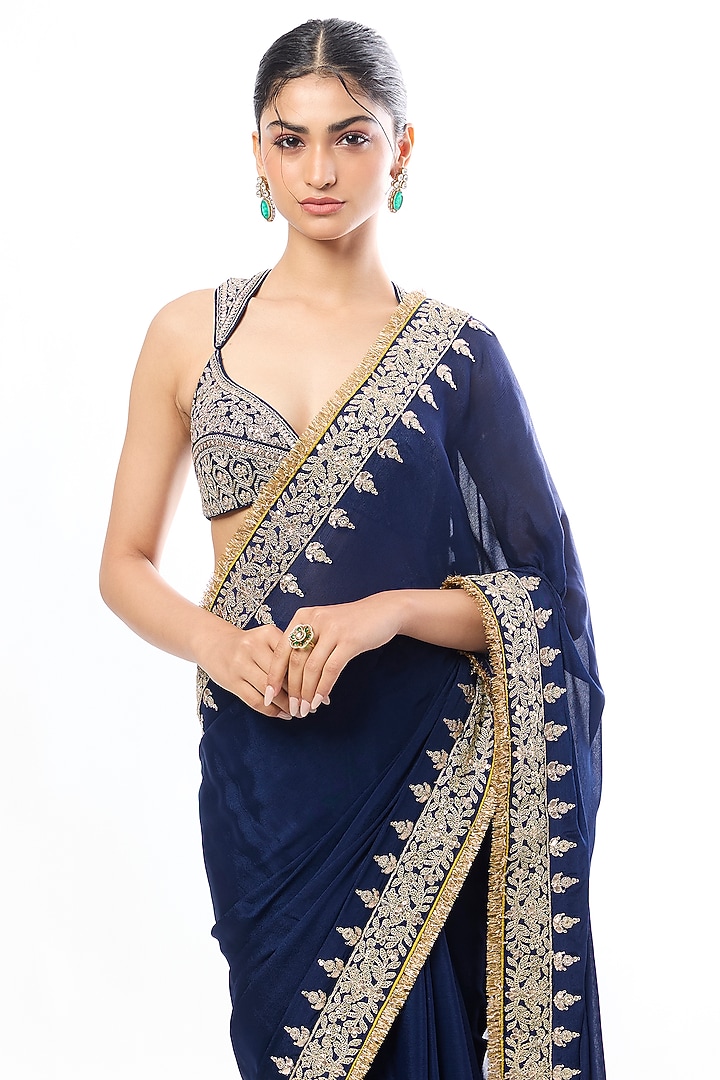 Blue Chiffon Embroidered Wedding Saree Set by GOPI VAID at Pernia's Pop Up Shop