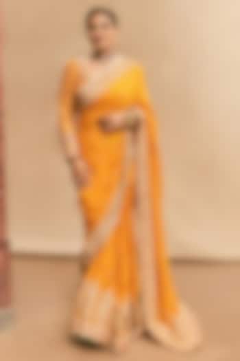 Yellow Georgette Embroidered Reception Saree Set by GOPI VAID at Pernia's Pop Up Shop