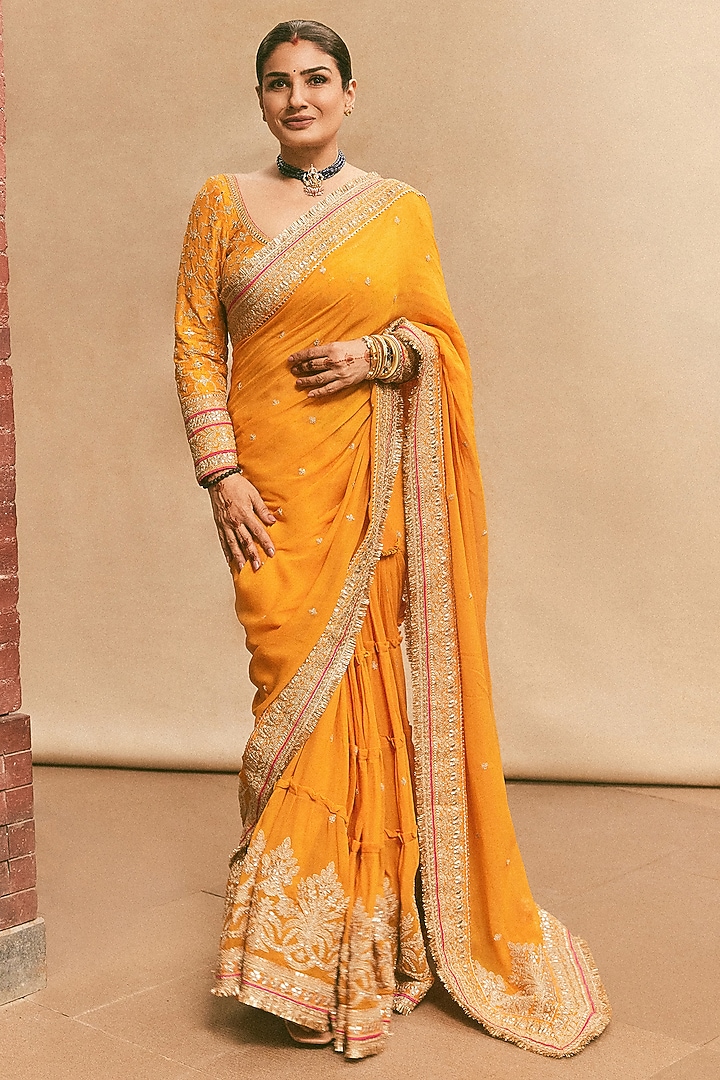 Yellow Georgette Embroidered Reception Saree Set by GOPI VAID at Pernia's Pop Up Shop
