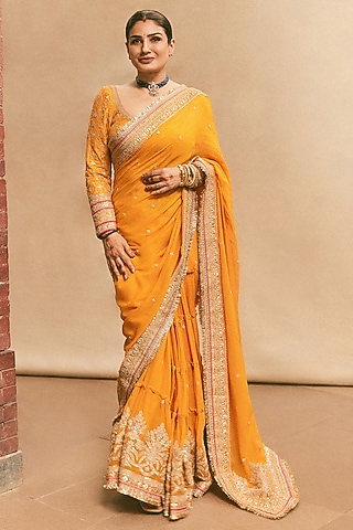 Yellow Georgette Embroidered Saree Set by GOPI VAID