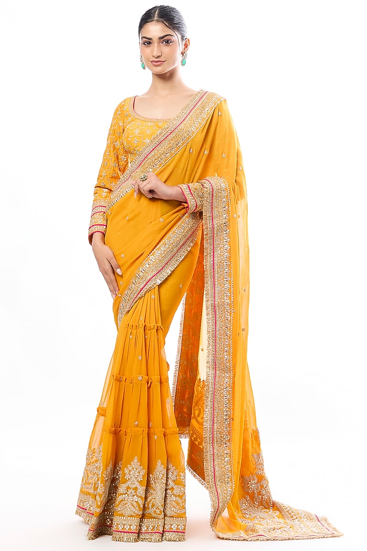 Yellow Georgette Embroidered Reception Saree Set by GOPI VAID at Pernia's Pop Up Shop