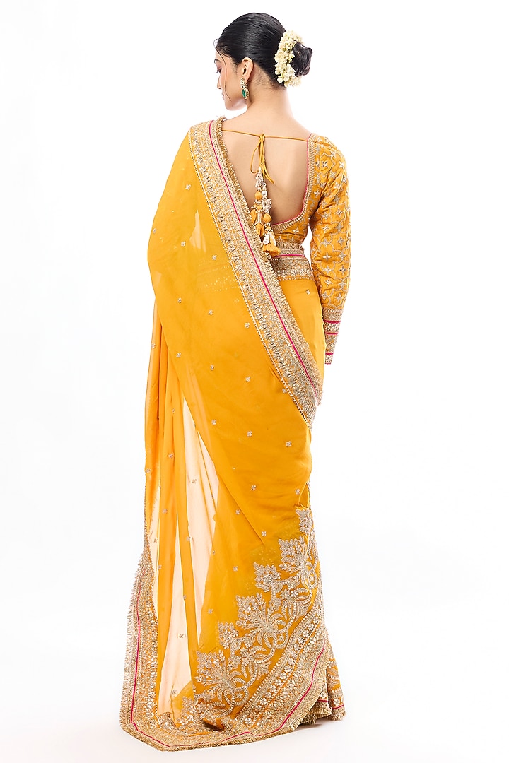 Yellow Georgette Embroidered Reception Saree Set by GOPI VAID at Pernia's Pop Up Shop