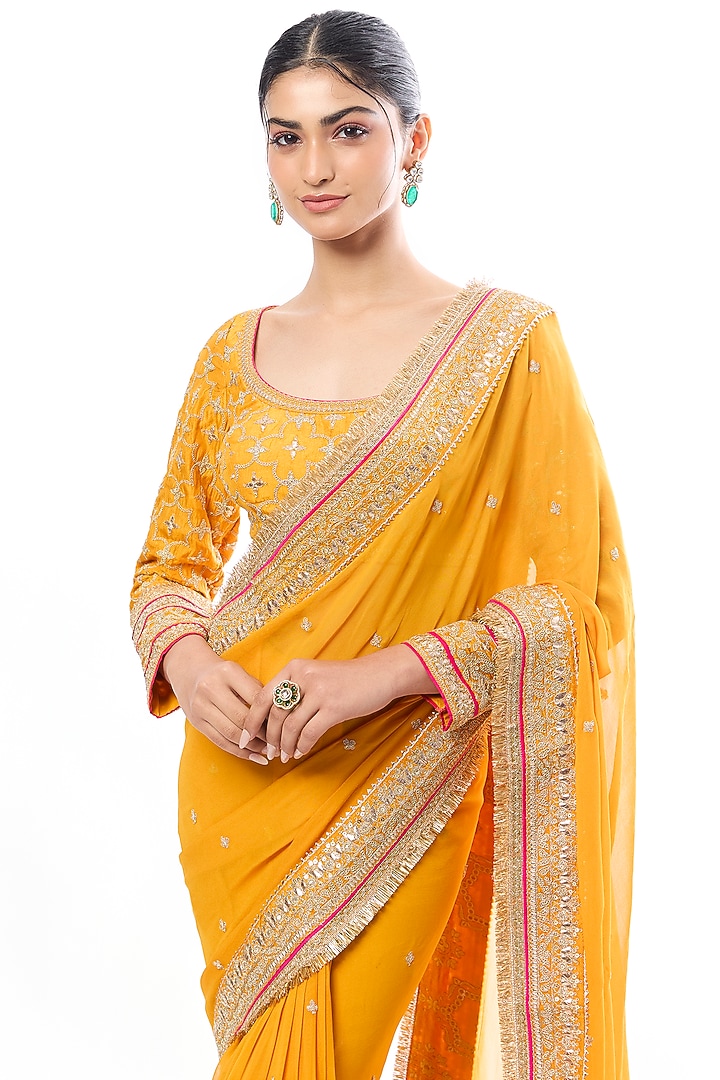 Yellow Georgette Embroidered Reception Saree Set by GOPI VAID at Pernia's Pop Up Shop