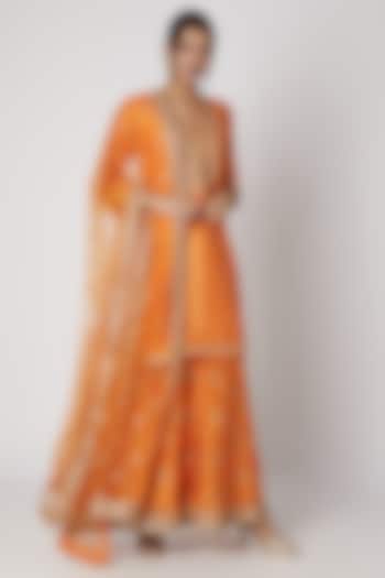 Orange Embroidered Kurta Sharara Set by GOPI VAID