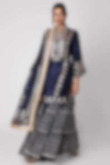 Navy Blue Embroidered Kurta Wedding Sharara Set by GOPI VAID at Pernia's Pop Up Shop