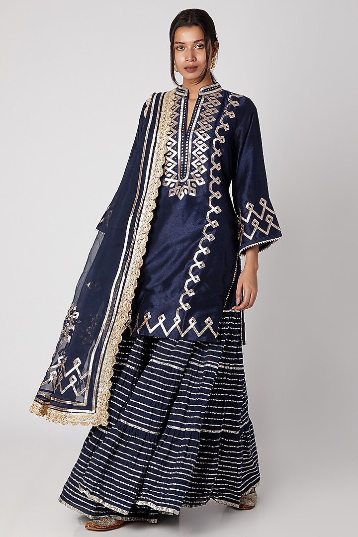 Navy Blue Embroidered Kurta Wedding Sharara Set by GOPI VAID at Pernia's Pop Up Shop