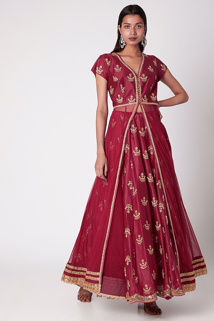 Red Embroidered Lehenga With Jacket by GOPI VAID
