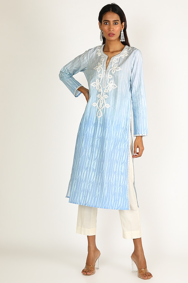 Sky Blue Embroidered Tunic by GOPI VAID at Pernia's Pop Up Shop