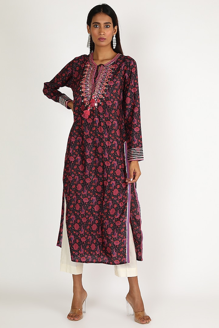 Black & Red Embroidered Tunic by GOPI VAID