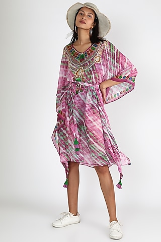 Pink Embroidered Kaftan by GOPI VAID