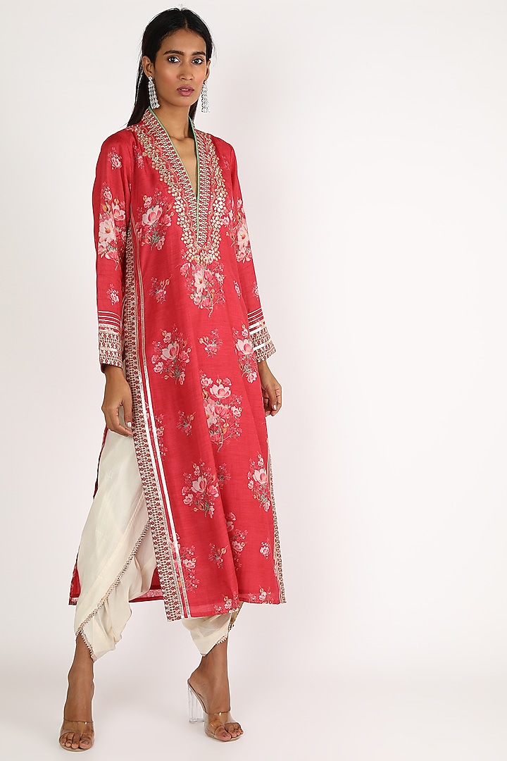 Red Cotton Silk Gota Embroidered Tunic Set by GOPI VAID