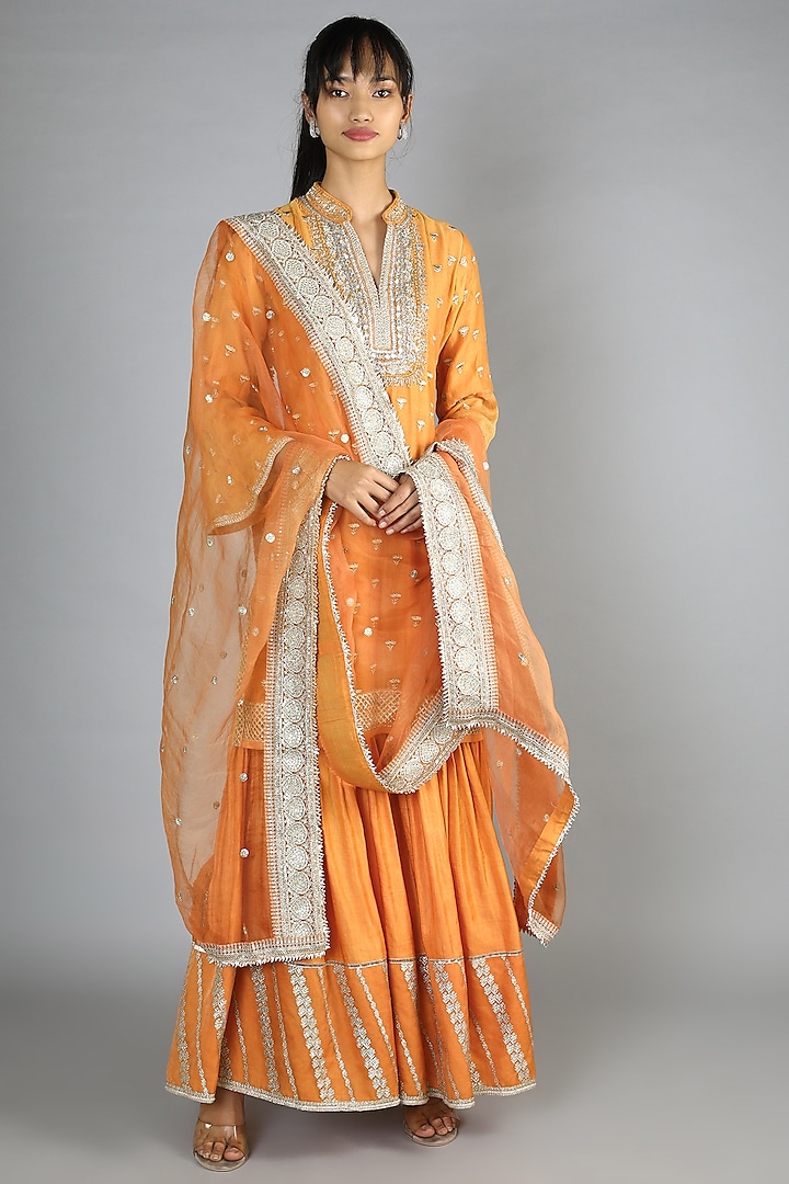 Orange Embroidered Sharara Set by GOPI VAID