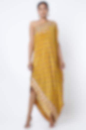 Mustard Printed One-Shoulder Dress by GOPI VAID