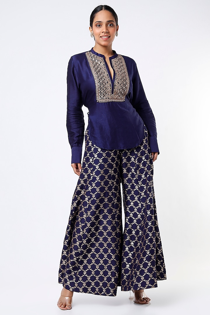 Midnight Blue Embroidered Pant Set by GOPI VAID