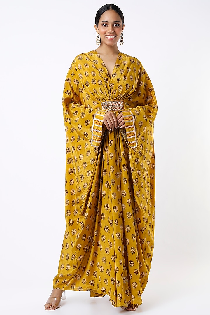 Mustard Printed Kaftan Dress by GOPI VAID