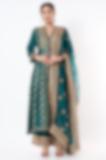 Teal Green Silk Brocade Anarkali Set by GOPI VAID at Pernia's Pop Up Shop