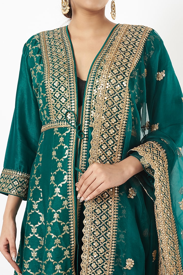 Teal Green Silk Brocade Wedding Anarkali Set by GOPI VAID at Pernia's Pop Up Shop