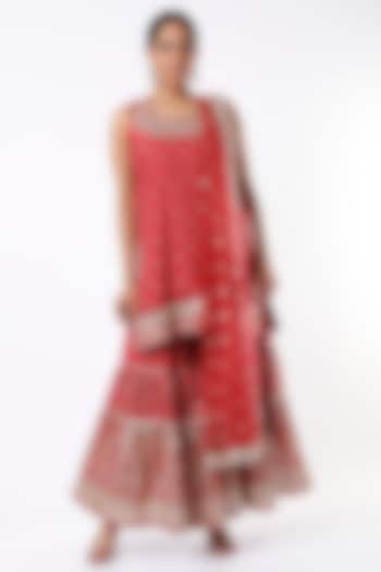 Cadmium Red Embroidered Sharara Set by GOPI VAID