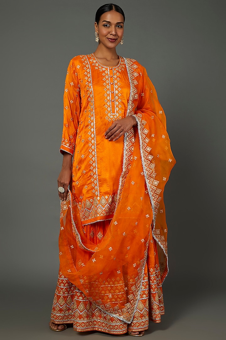 Orange Embroidered Wedding Sharara Set by GOPI VAID at Pernia's Pop Up Shop