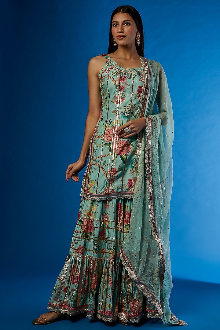 Turquoise Printed Sharara Set by GOPI VAID at Pernia's Pop Up Shop