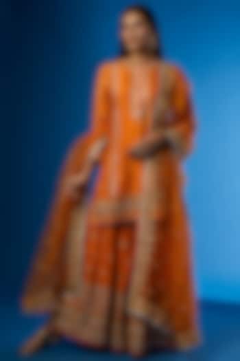 Orange Embroidered Wedding Sharara Set by GOPI VAID at Pernia's Pop Up Shop