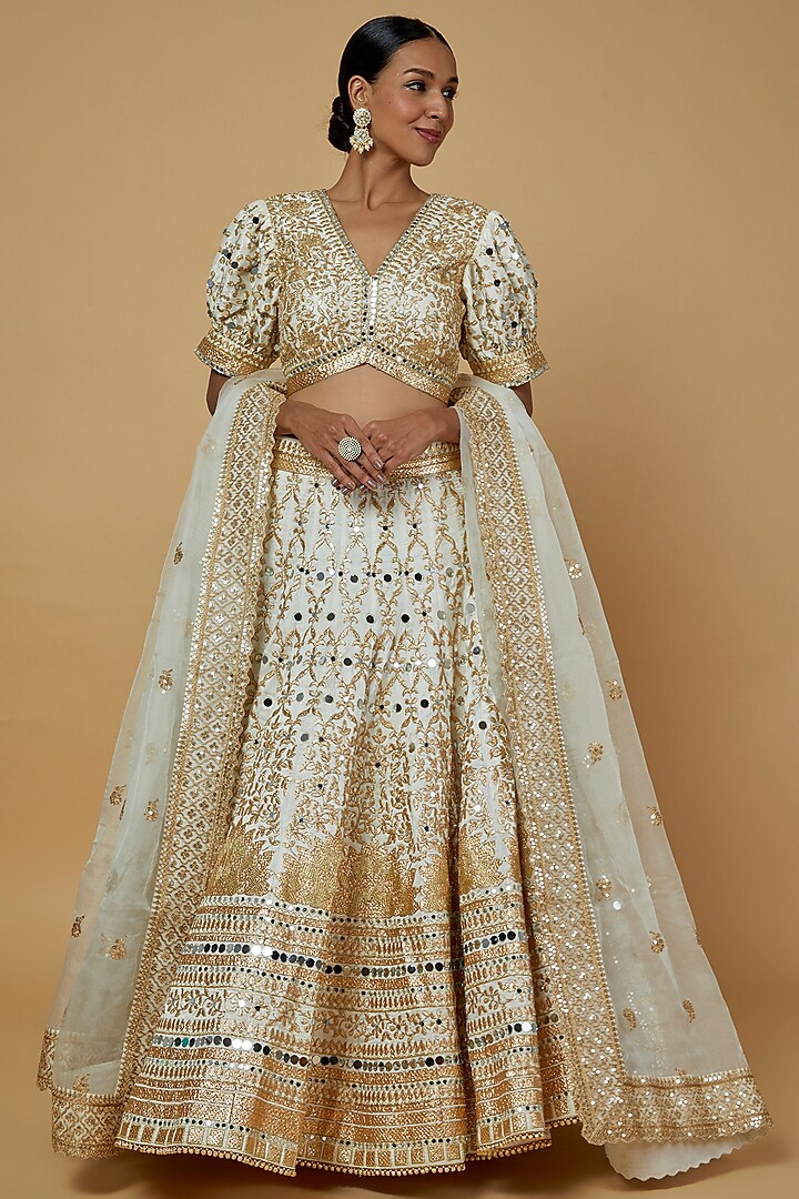 White Georgette Embroidered Lehenga Set by GOPI VAID