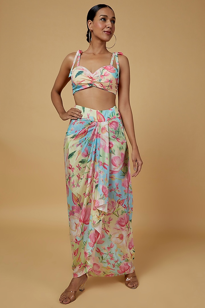 Multi-Colored Cotton Silk Draped Skirt by GOPI VAID