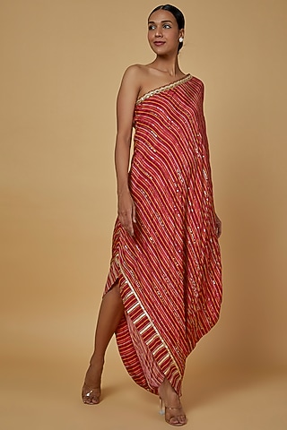 Red Printed One-Shoulder Dress by GOPI VAID