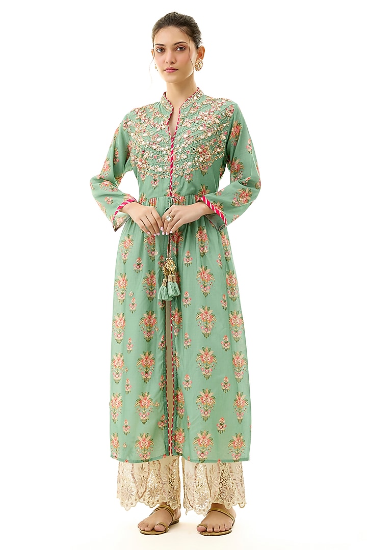 Green Cotton Silk Floral Printed & Embroidered Jacket Style Tunic by GOPI VAID at Pernia's Pop Up Shop