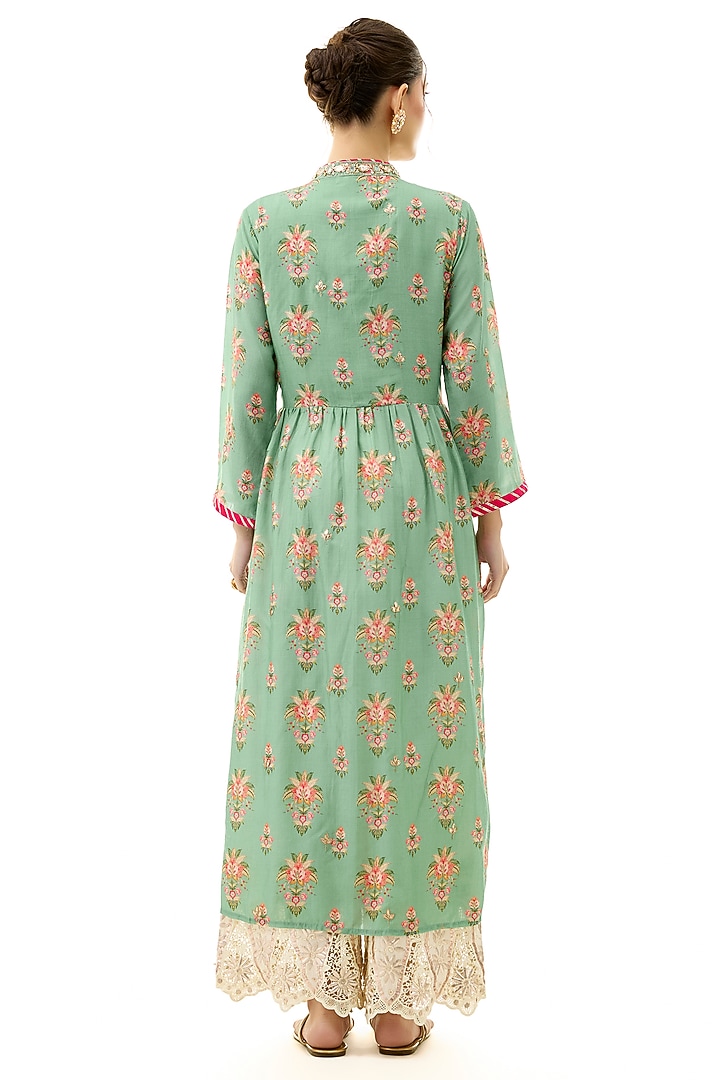 Green Cotton Silk Floral Printed & Embroidered Jacket Style Tunic by GOPI VAID at Pernia's Pop Up Shop