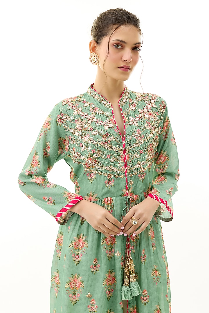 Green Cotton Silk Floral Printed & Embroidered Jacket Style Tunic by GOPI VAID at Pernia's Pop Up Shop