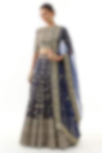 Blue Tussar Mirror & Thread Embroidered Bridal lehenga for 22 Lehenga Set by Gopi Vaid at Pernia's Pop Up Shop