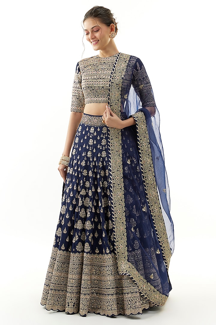 Blue Tussar Mirror & Thread Embroidered Bridal lehenga for 22 Lehenga Set by Gopi Vaid at Pernia's Pop Up Shop