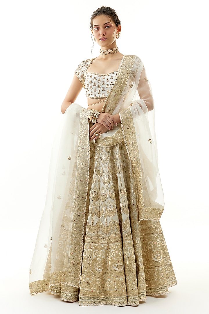 Ivory Tussar Zardosi Embroidered Bridal Lehenga Set by Gopi Vaid at Pernia's Pop Up Shop