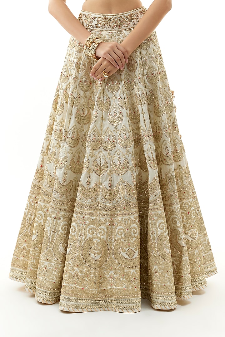 Ivory Tussar Zardosi Embroidered Bridal Lehenga Set by Gopi Vaid at Pernia's Pop Up Shop