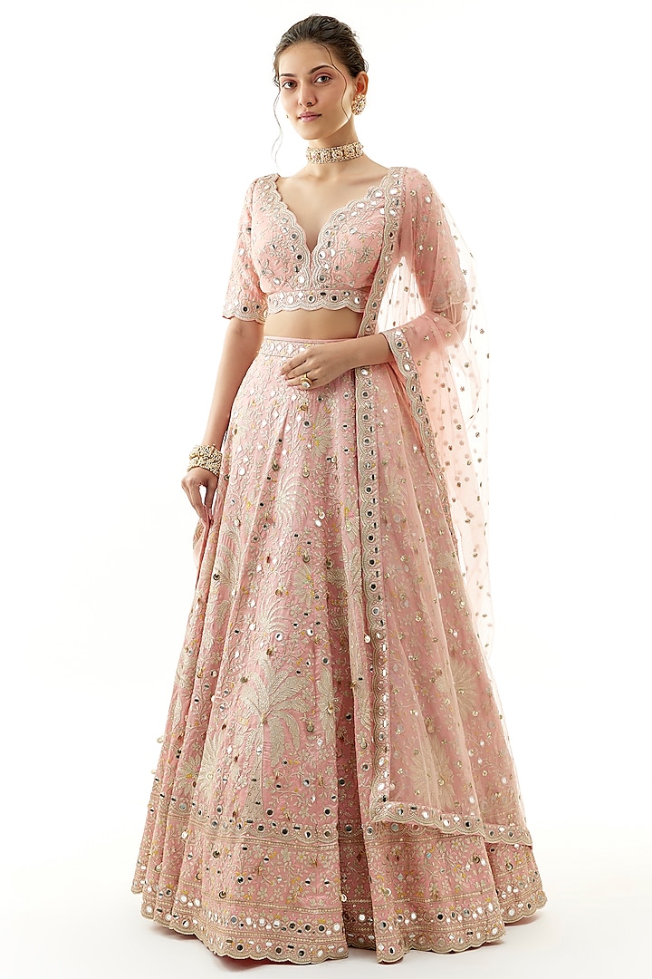 Pink Tussar Floral Embroidered Wedding Lehenga Set by Gopi Vaid at Pernia's Pop Up Shop