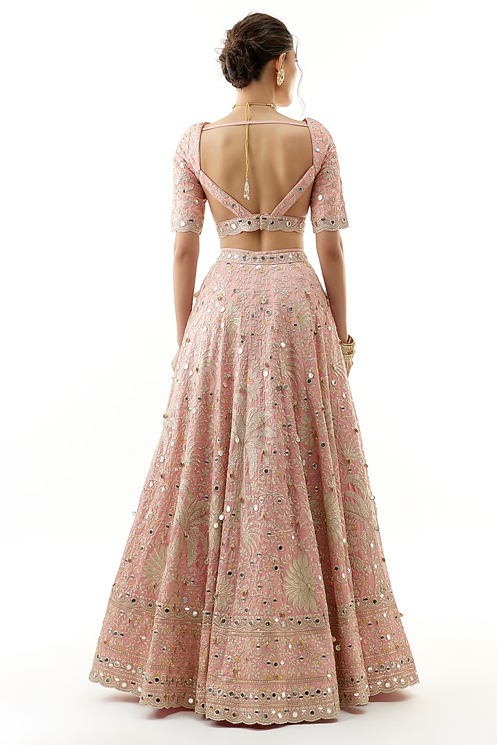 Pink Tussar Floral Embroidered Wedding Lehenga Set by Gopi Vaid at Pernia's Pop Up Shop