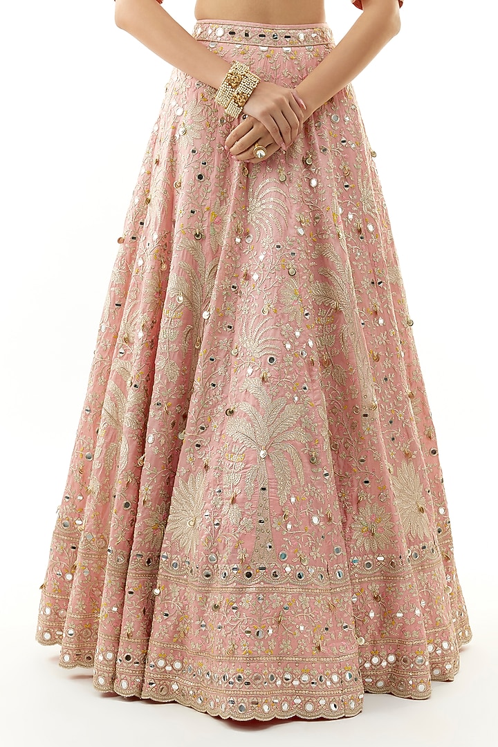 Pink Tussar Floral Embroidered Wedding Lehenga Set by Gopi Vaid at Pernia's Pop Up Shop