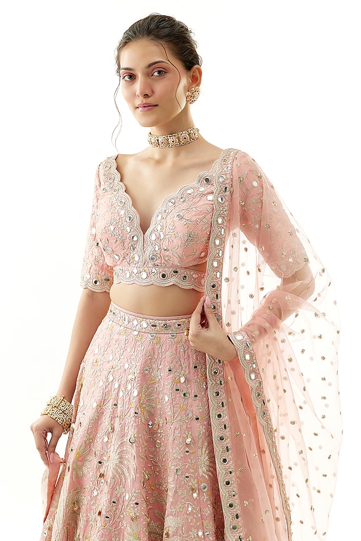 Pink Tussar Floral Embroidered Wedding Lehenga Set by Gopi Vaid at Pernia's Pop Up Shop