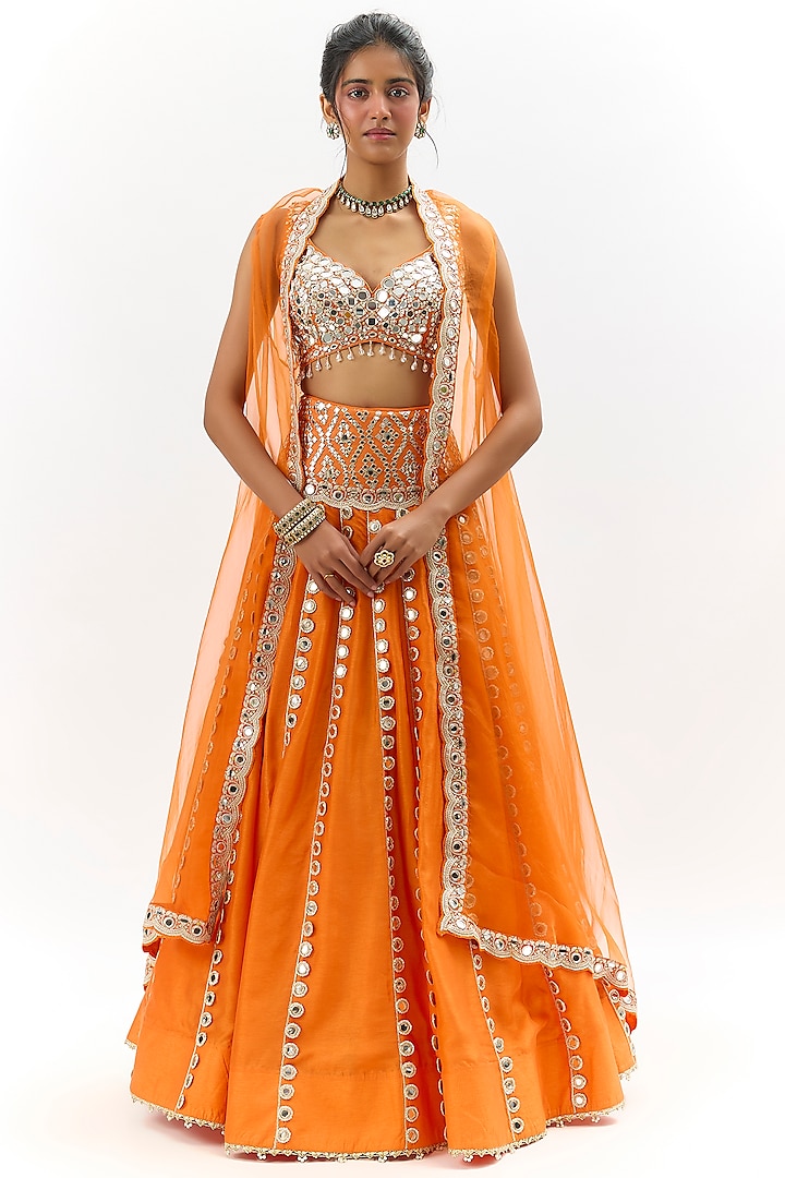 Orange Organza Embroidered Jacket Wedding Lehenga Set by GOPI VAID at Pernia's Pop Up Shop