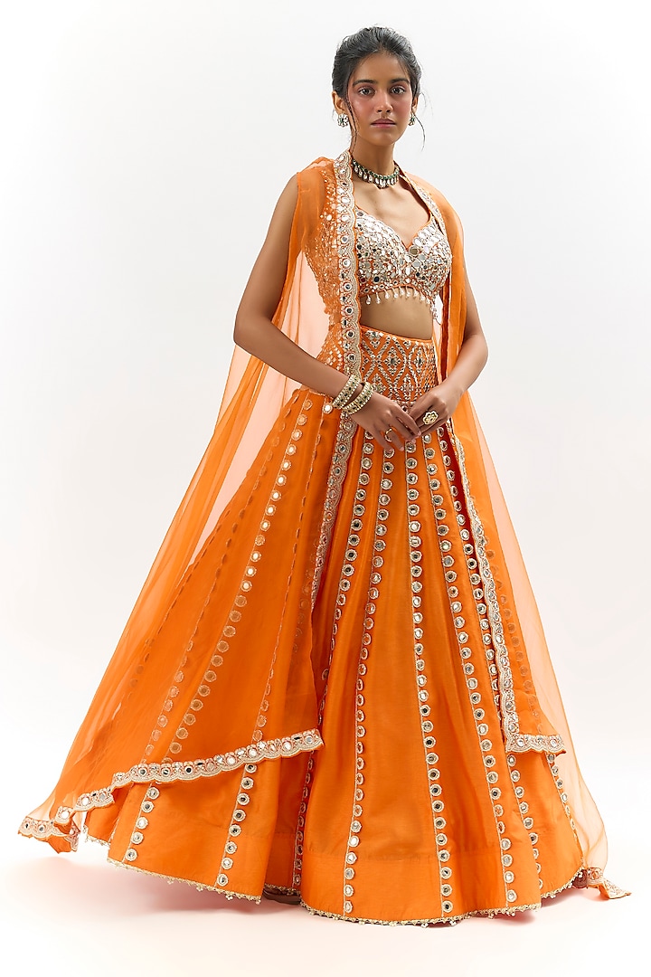 Orange Organza Embroidered Jacket Wedding Lehenga Set by GOPI VAID at Pernia's Pop Up Shop