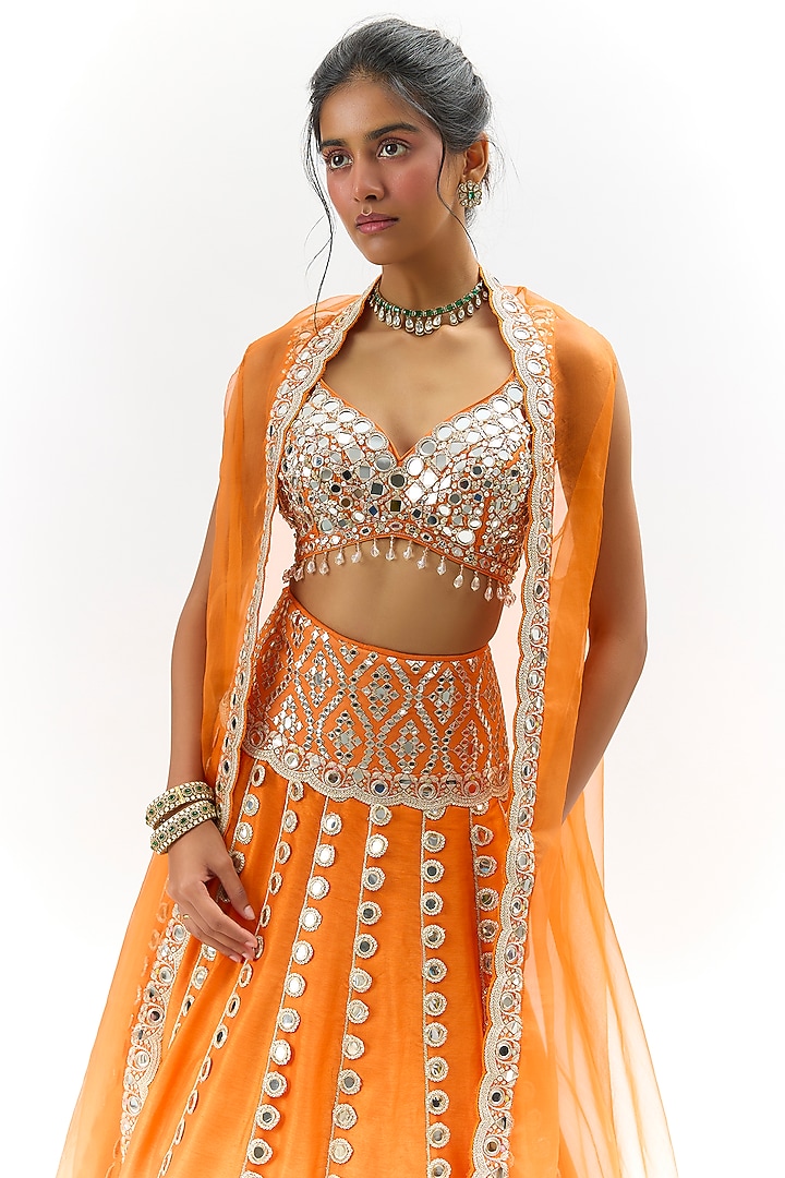 Orange Organza Embroidered Jacket Wedding Lehenga Set by GOPI VAID at Pernia's Pop Up Shop