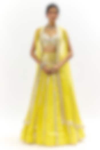 Yellow Organza Embroidered Jacket Wedding Lehenga Set by GOPI VAID at Pernia's Pop Up Shop