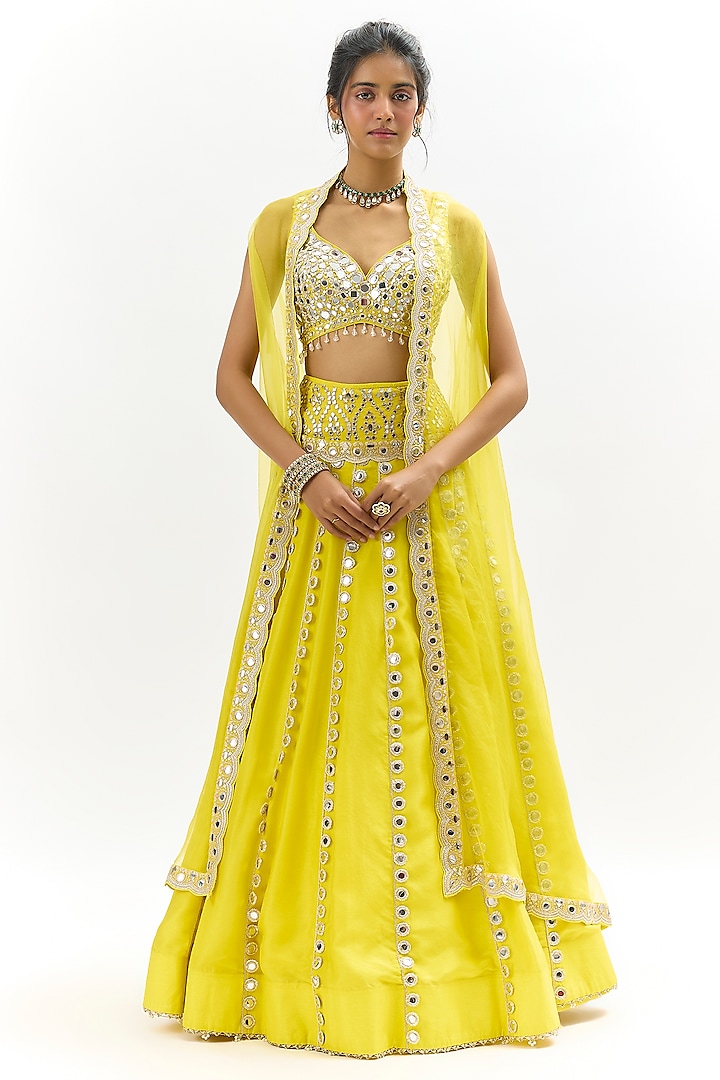 Yellow Organza Embroidered Jacket Wedding Lehenga Set by GOPI VAID at Pernia's Pop Up Shop