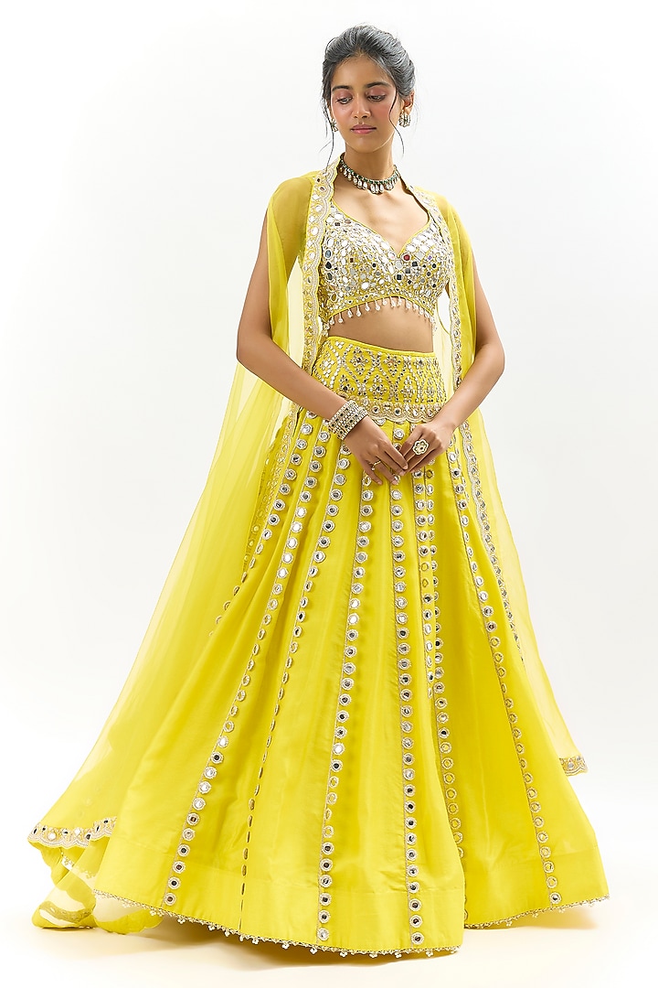 Yellow Organza Embroidered Jacket Wedding Lehenga Set by GOPI VAID at Pernia's Pop Up Shop