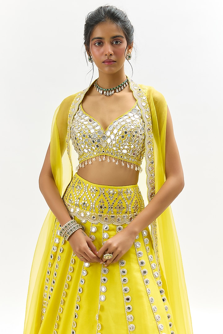 Yellow Organza Embroidered Jacket Wedding Lehenga Set by GOPI VAID at Pernia's Pop Up Shop