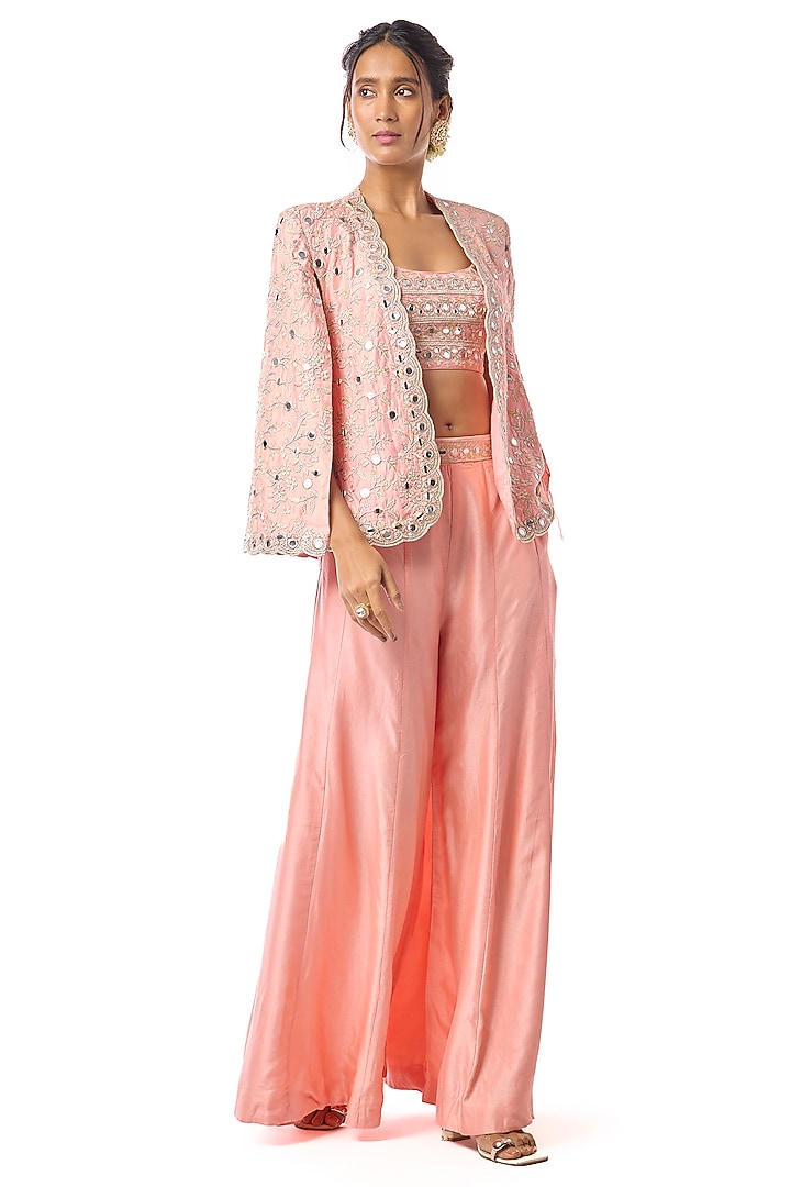 Pink Tussar Mirror Embroidered Cape Jacket Set by GOPI VAID at Pernia's Pop Up Shop