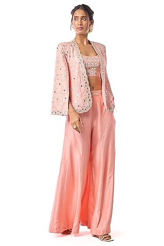 Pink Tussar Mirror Embroidered Cape Jacket Set by GOPI VAID