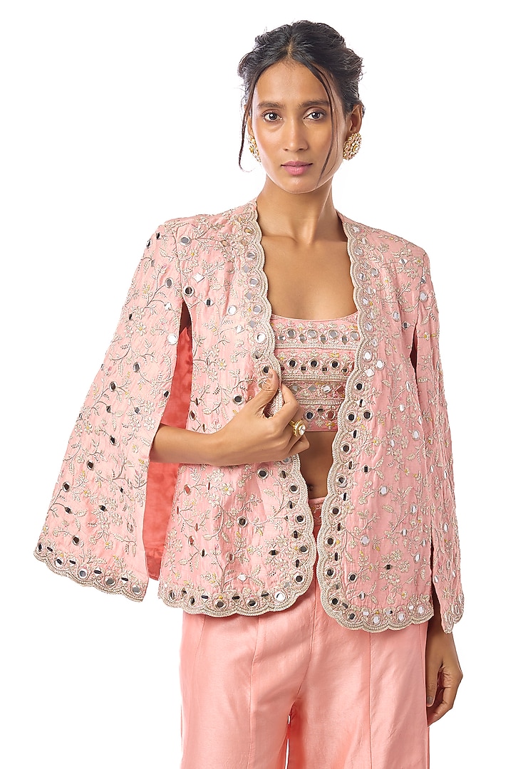 Pink Tussar Mirror Embroidered Cape Jacket Set by GOPI VAID at Pernia's Pop Up Shop