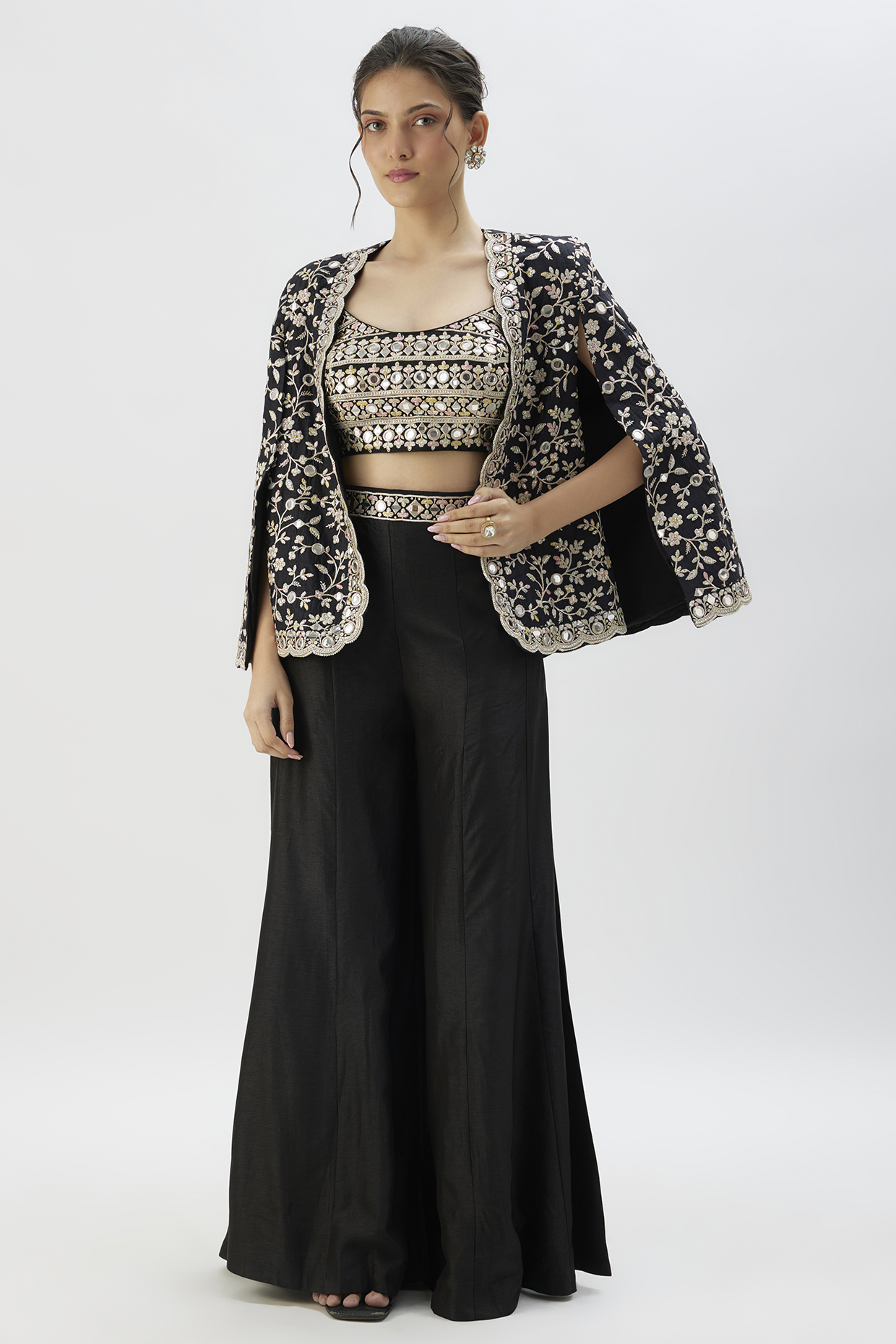 Black Jaal Tussar Mirror Embroidered Cape Set by Gopi Vaid at Pernia's Pop Up Shop